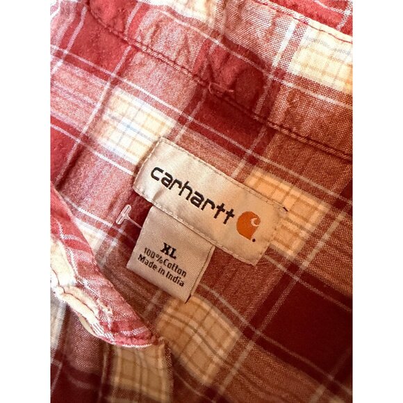 Carhartt Mens Red Plaid Long Sleeve Button-Up Shirt Size XL 100% Cotton Made In - Picture 2 of 8